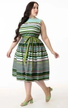 Unique Vintage Plus Size Sleeveless Belted Swing Dress In Multi