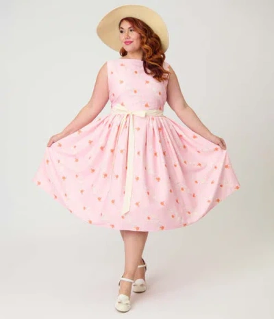 Unique Vintage Plus Size Sleeveless Belted Swing Dress In Pink