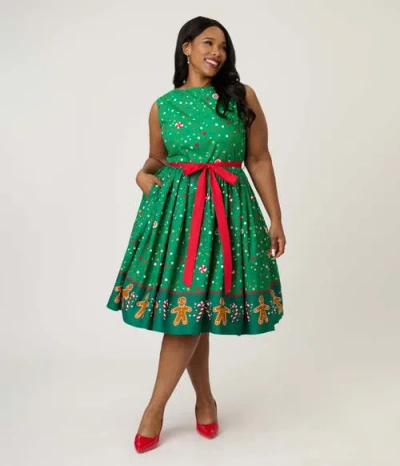 Unique Vintage Plus Size Sleeveless Belted Swing Dress In Green