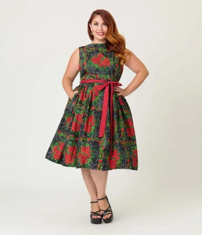 Unique Vintage Plus Size Sleeveless Belted Swing Dress In Green