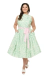 Unique Vintage Plus Size Sleeveless Belted Swing Dress In Green Animal Print