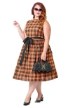 Unique Vintage Plus Size Sleeveless Belted Swing Dress In Orange