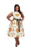 Unique Vintage Plus Size Sleeveless Belted Swing Dress In White Orange Floral