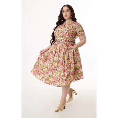 Unique Vintage Plus Size Smocked Back Swing Dress In Multi