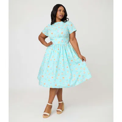 Unique Vintage Plus Size Smocked Back Swing Dress In Blue