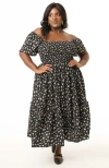 Unique Vintage Plus Size Smocked Bodice Midi Dress In Black Floral