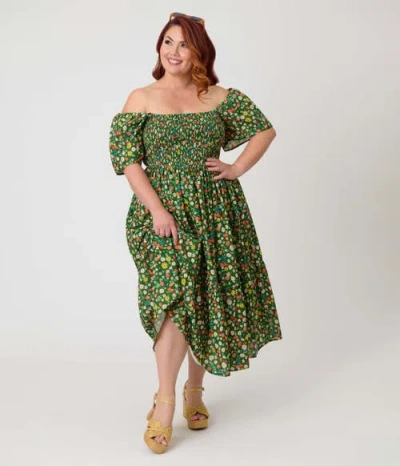 Unique Vintage Plus Size Smocked Bodice Midi Dress In Green