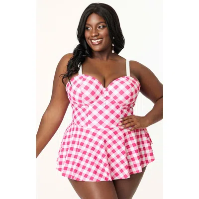Unique Vintage Plus Size Spaghetti Strap Sweetheart Skirted One Piece Swimsuit In Purple