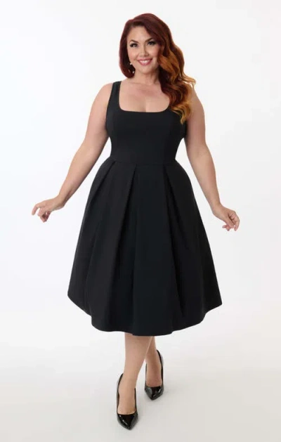 Unique Vintage Plus Size Square Neck Pleated Swing Dress In Black