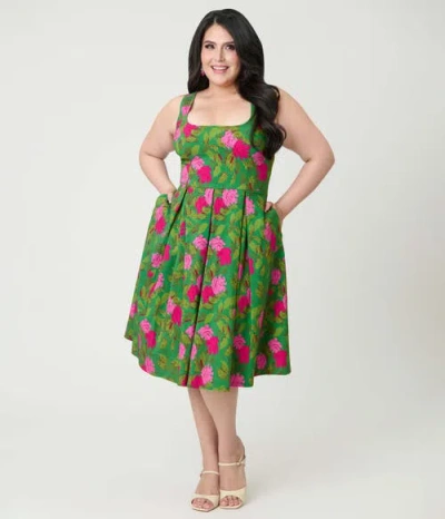 Unique Vintage Plus Size Square Neck Pleated Swing Dress In Green