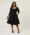 Unique Vintage Plus Size Square Neck Pleated Swing Dress In Black