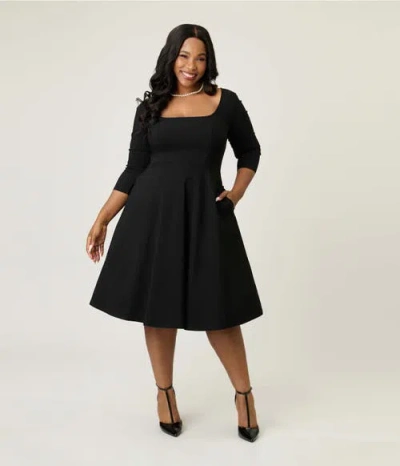 Unique Vintage Plus Size Square Neck Pleated Swing Dress In Black