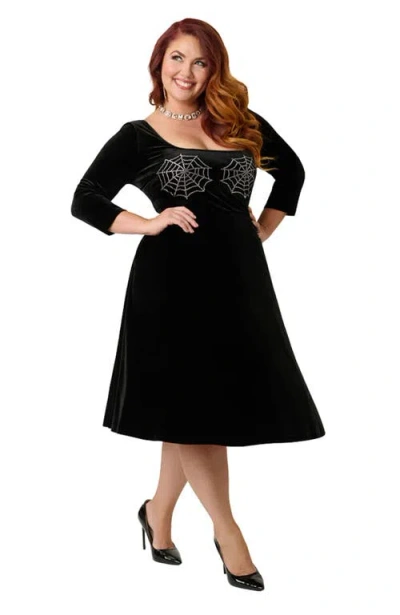 Unique Vintage Plus Size Square Neck Pleated Swing Dress In Black