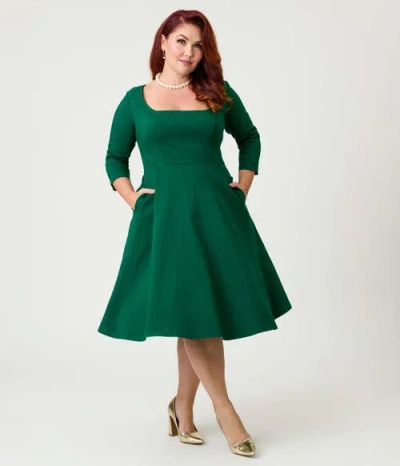 Unique Vintage Plus Size Square Neck Pleated Swing Dress In Green