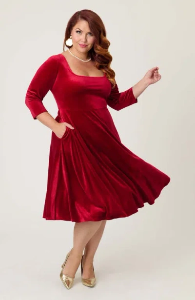 Unique Vintage Plus Size Square Neck Pleated Swing Dress In Red