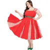 Unique Vintage Plus Size Square Neck Sleeveless Godet Swing Dress In Red & White