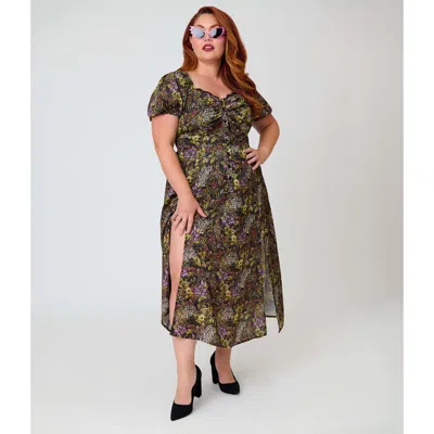 Unique Vintage Plus Size Sweetheart Midi Dress In Black Botanical Print