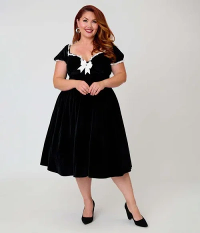 Unique Vintage Plus Size Sweetheart Puff Sleeve Swing Dress In Black