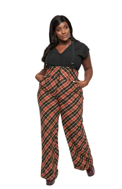 Unique Vintage Plus Size Thelma High Waist Suspender Pants In Black Rust Plaid