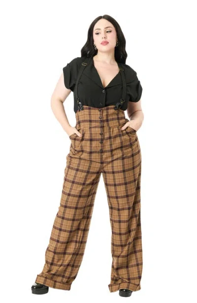 Unique Vintage Plus Size Thelma High Waist Suspender Pants In Brown