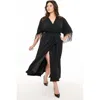 Unique Vintage Plus Size Tie Wrap Surplice Midi Dress In Black