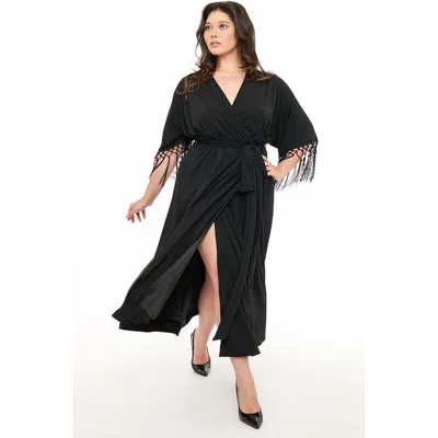 Unique Vintage Plus Size Tie Wrap Surplice Midi Dress In Black