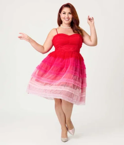 Unique Vintage Plus Size Tiered Sheer Swing Dress In Red