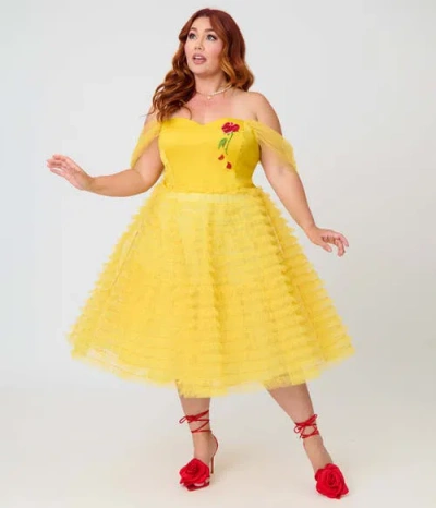 Unique Vintage Plus Size Tulle Off The Shoulder Swing Dress In Yellow