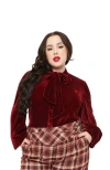 Unique Vintage Plus Size Velvet Long Sleeve Neck Tie Gwen Blouse In Merlot