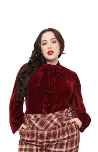 Unique Vintage Plus Size Velvet Long Sleeve Neck Tie Gwen Blouse In Merlot