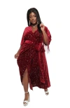 Unique Vintage Plus Size Velvet Tie Wrap Surplice Midi Dress In Burgundy & Silver Star