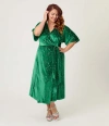 Unique Vintage Plus Size Velvet Tie Wrap Surplice Midi Dress In Green