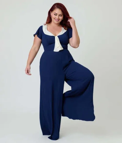 Unique Vintage Plus Size Wide Leg Jumpsuit In Blue