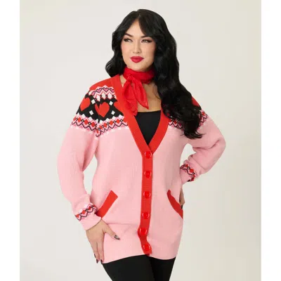 Unique Vintage Printed Knit Long Cardigan In Pink