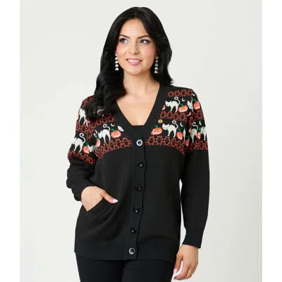 Unique Vintage Printed Knit Long Cardigan In Black