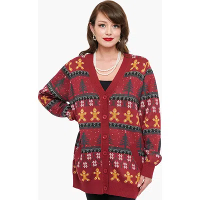Unique Vintage Printed Knit Long Cardigan In Burgundy Gingerbread