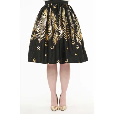 Unique Vintage Printed Woven Gellar Swing Skirt In Black Gold Feathers