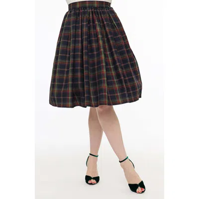 Unique Vintage Printed Woven Gellar Swing Skirt In Black Plaid