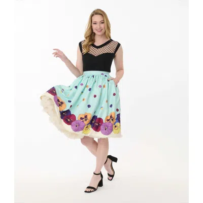 Unique Vintage Printed Woven Gellar Swing Skirt In Blue