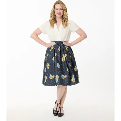 Unique Vintage Printed Woven Gellar Swing Skirt In Blue