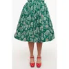 Unique Vintage Printed Woven Gellar Swing Skirt In Green Winter Print