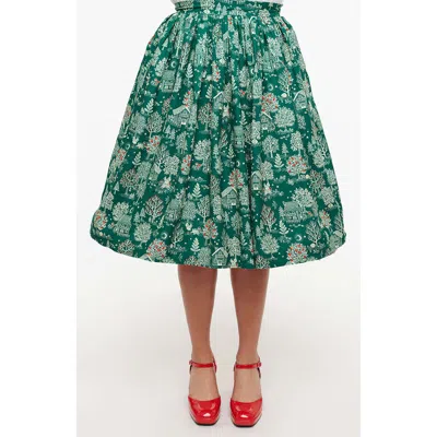 Unique Vintage Printed Woven Gellar Swing Skirt In Green Winter Print