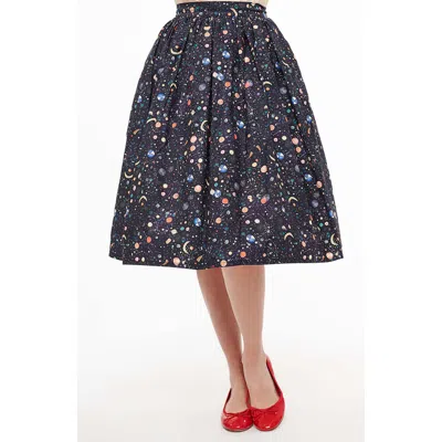 Unique Vintage Printed Woven Gellar Swing Skirt In Navy Galaxy Print