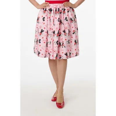Unique Vintage Printed Woven Gellar Swing Skirt In Pink Mickey