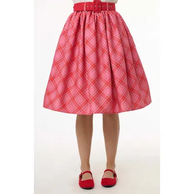 Unique Vintage Printed Woven Gellar Swing Skirt In Pink Plaid