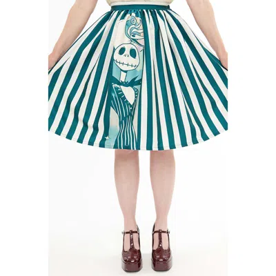 Unique Vintage Printed Woven Gellar Swing Skirt In Teal White Stripes