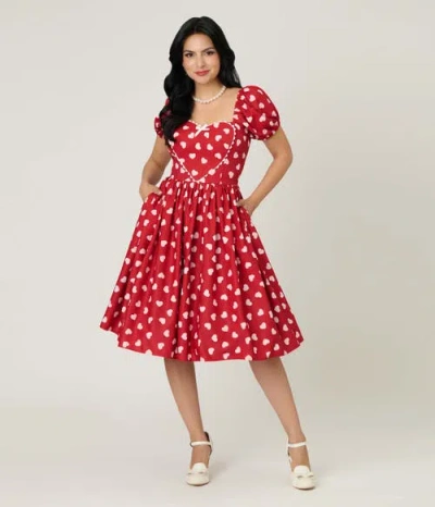 Unique Vintage Puff Sleeve Sweetheart Fit & Flare Dress In Red