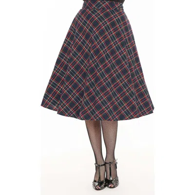 Unique Vintage Retro Style High Waist Vivien Swing Skirt In Navy/green Plaid