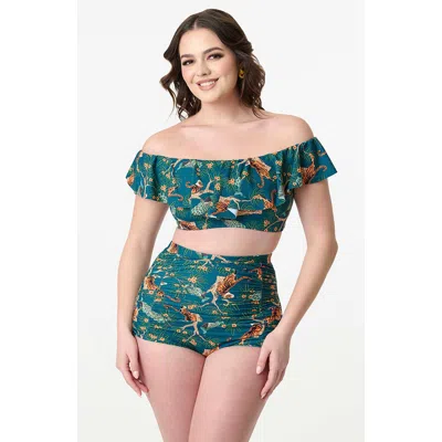 Unique Vintage Ruffled Ramona Swim Top In Green Tiger Print