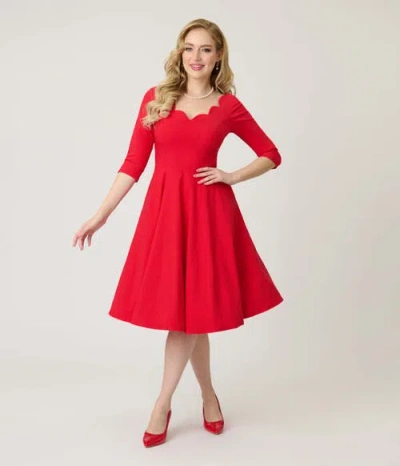 Unique Vintage Scalloped Neck Swing Dress In Red